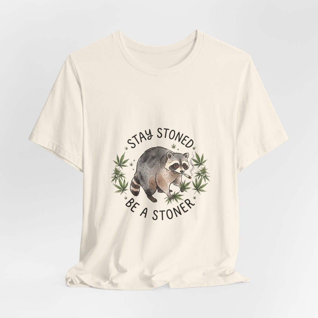 Stay Stoned Raccoon Tee | Jimothy-style scruffy raccoon, weed leaf illustration