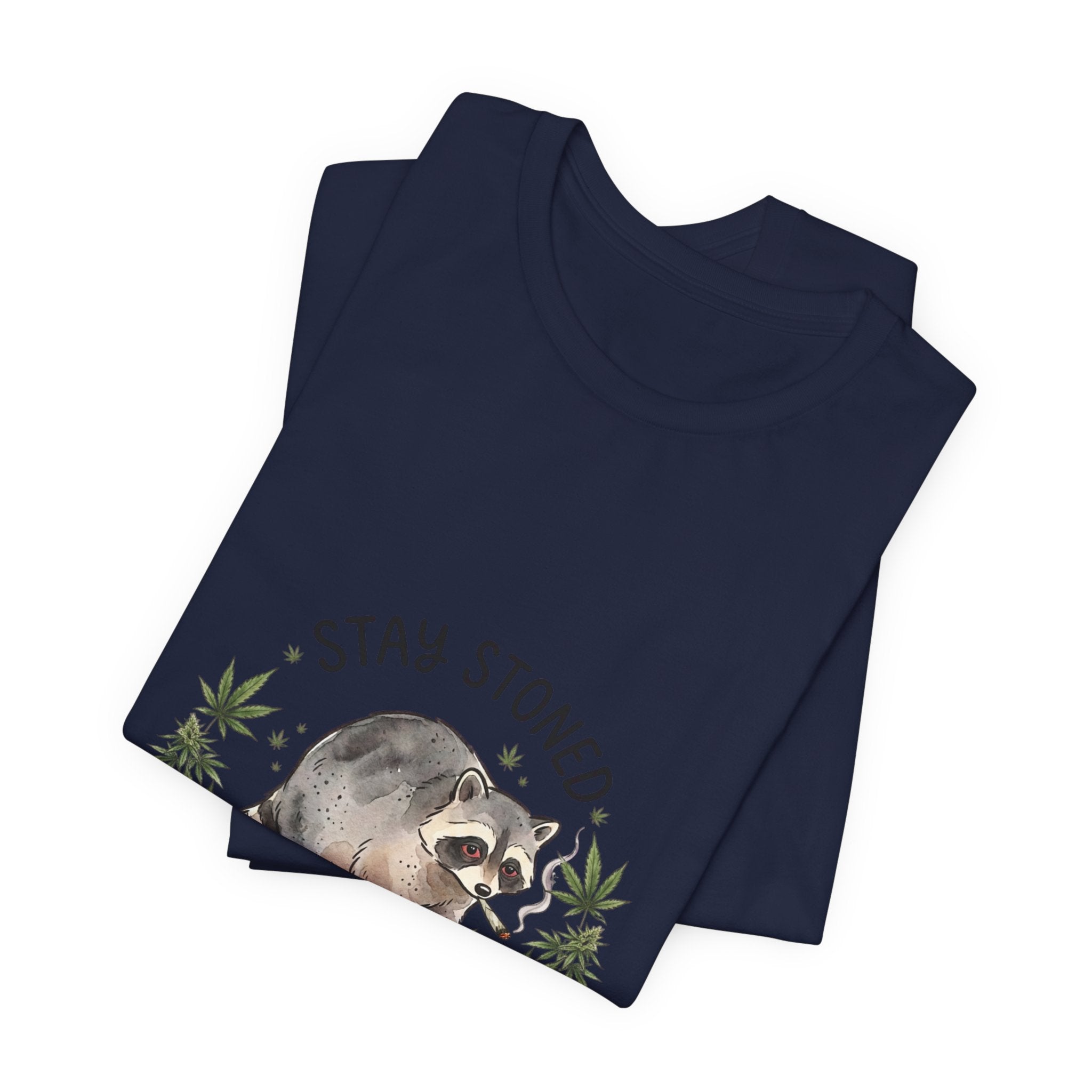 Stay Stoned Raccoon Tee | Jimothy-style scruffy raccoon, weed leaf illustration