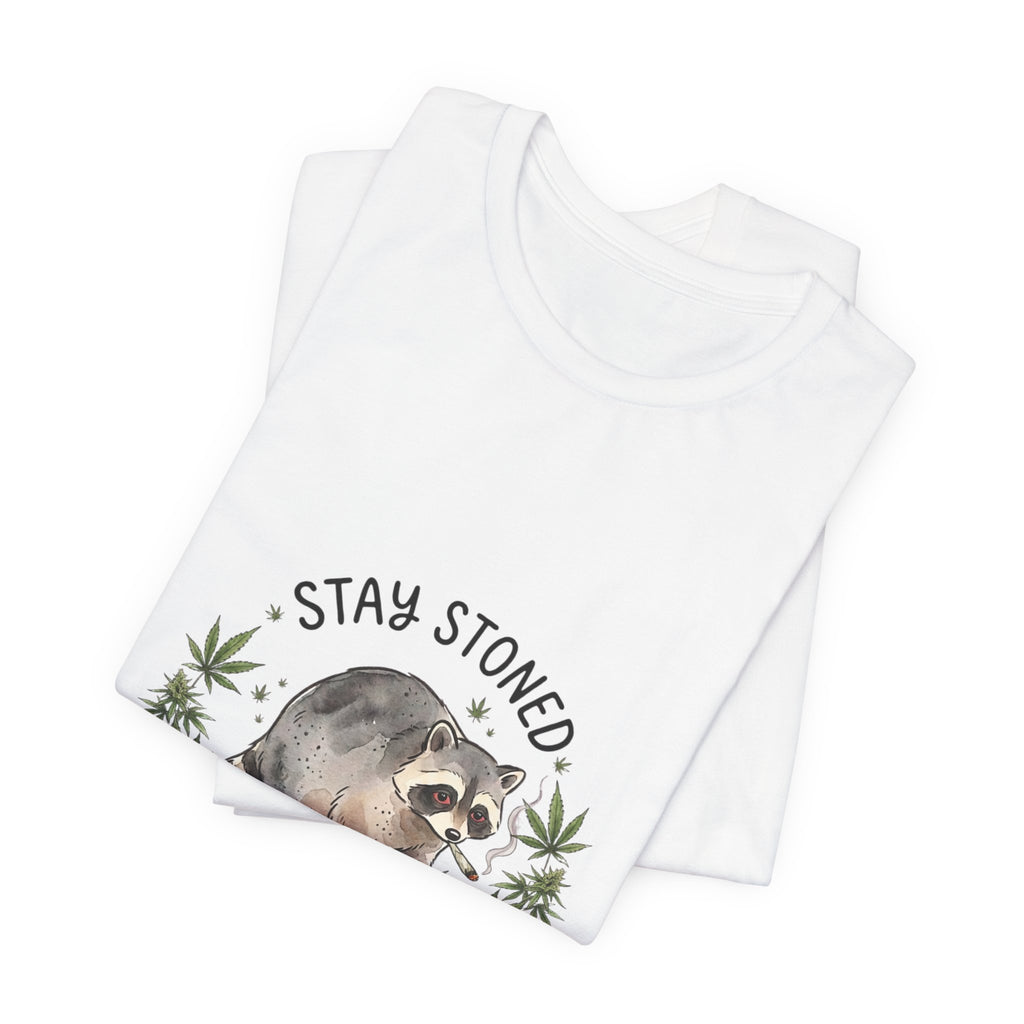 Stay Stoned Raccoon Tee | Jimothy-style scruffy raccoon, weed leaf illustration