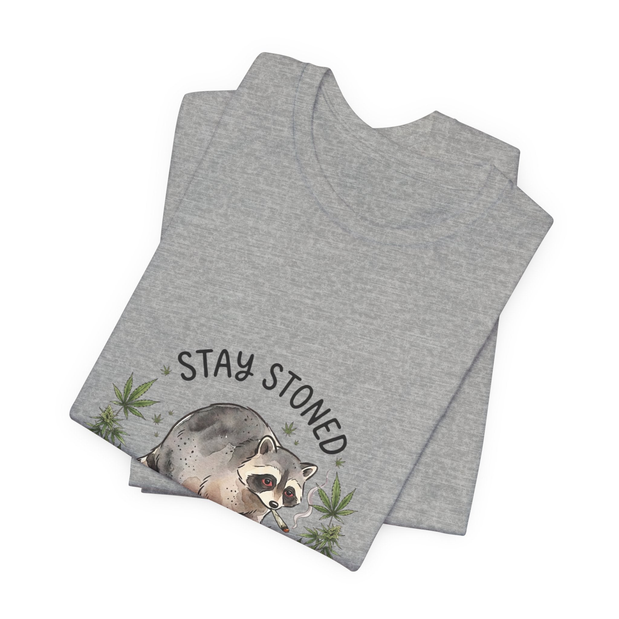 Stay Stoned Raccoon Tee | Jimothy-style scruffy raccoon, weed leaf illustration