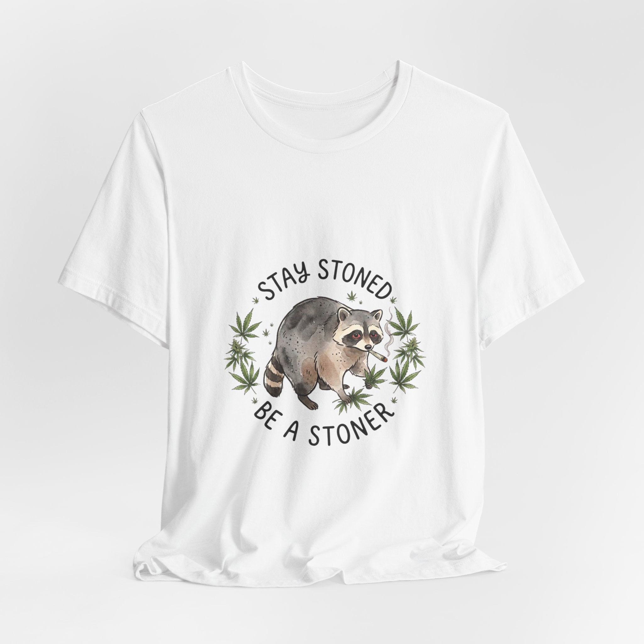 Stay Stoned Raccoon Tee | Jimothy-style scruffy raccoon, weed leaf illustration