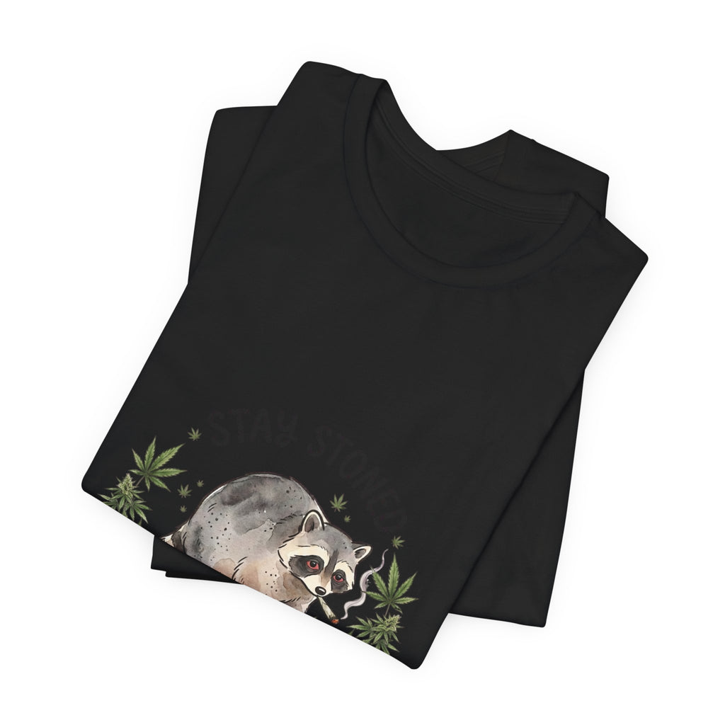 Stay Stoned Raccoon Tee | Jimothy-style scruffy raccoon, weed leaf illustration