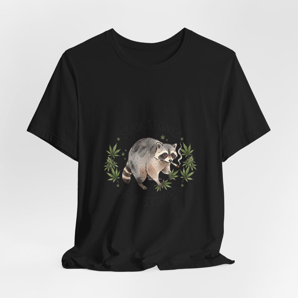 Stay Stoned Raccoon Tee | Jimothy-style scruffy raccoon, weed leaf illustration