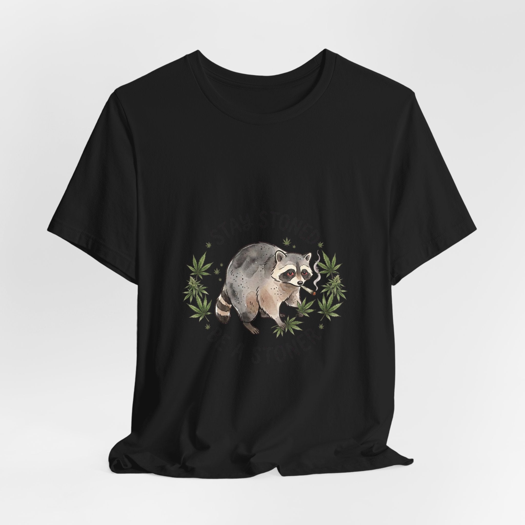 Stay Stoned Raccoon Tee | Jimothy-style scruffy raccoon, weed leaf illustration
