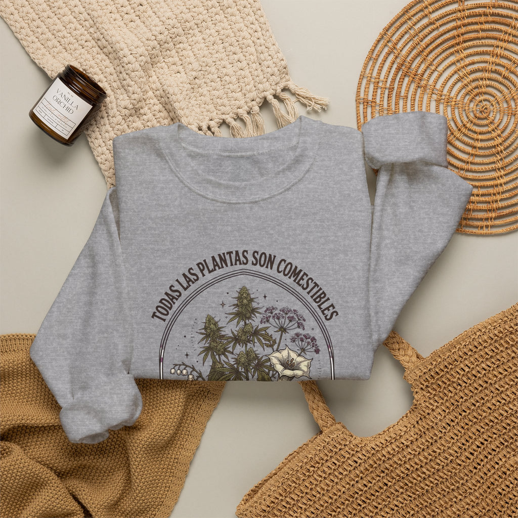 All Plants Are Edible Crewneck Sweatshirt | Vintage Botanical Skull, Dark Nature Humor