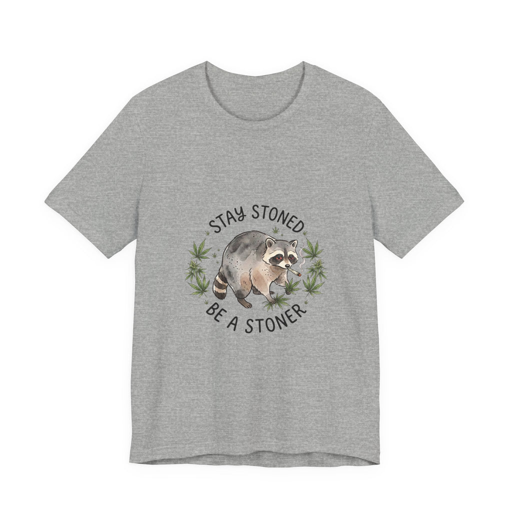 Stay Stoned Raccoon Tee | Jimothy-style scruffy raccoon, weed leaf illustration