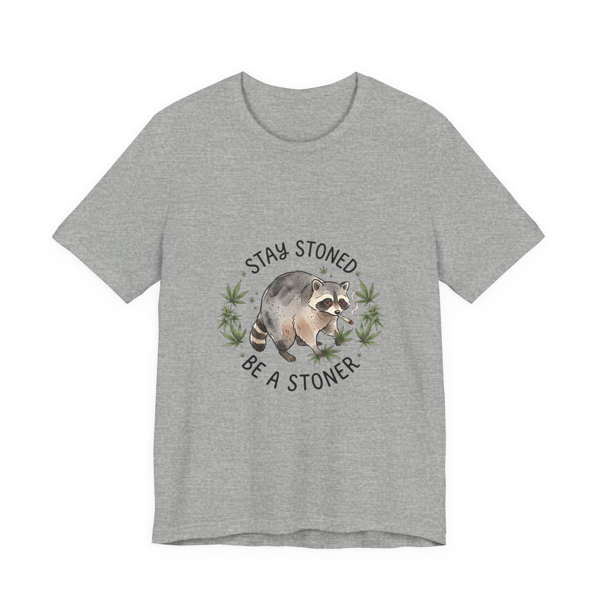 Stay Stoned Raccoon Tee | Jimothy-style scruffy raccoon, weed leaf illustration