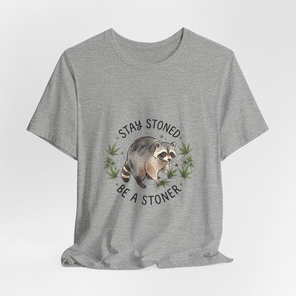 Stay Stoned Raccoon Tee | Jimothy-style scruffy raccoon, weed leaf illustration
