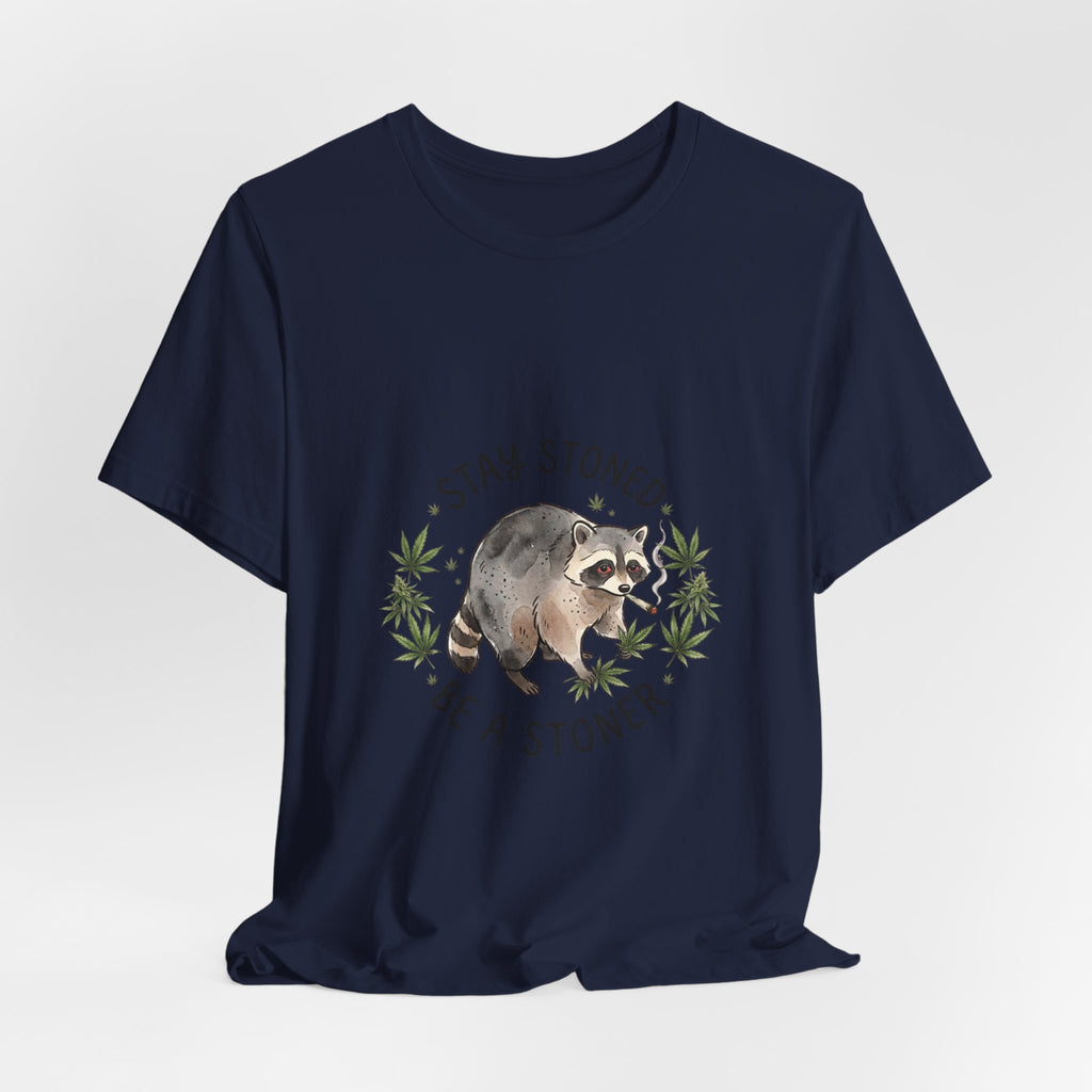 Stay Stoned Raccoon Tee | Jimothy-style scruffy raccoon, weed leaf illustration
