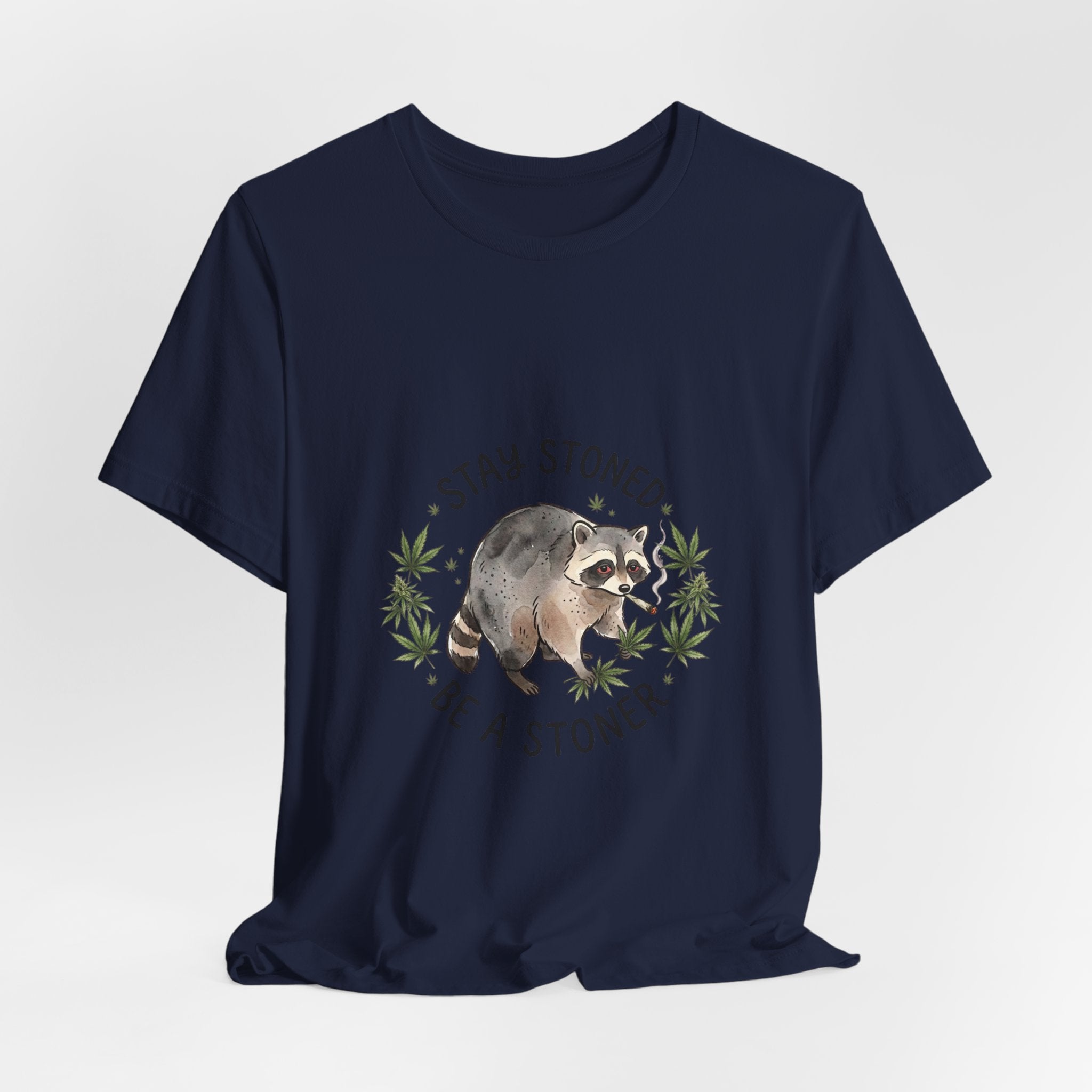 Stay Stoned Raccoon Tee | Jimothy-style scruffy raccoon, weed leaf illustration