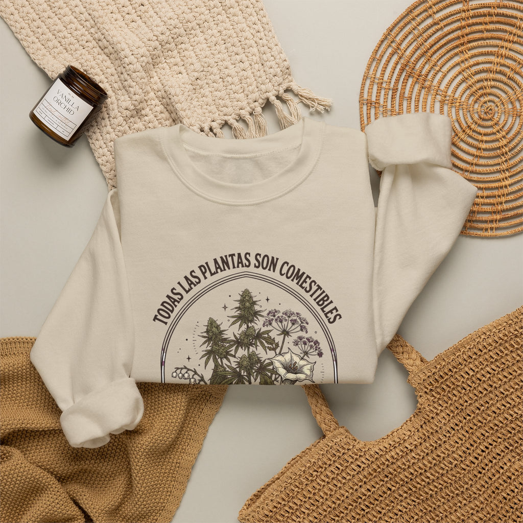 All Plants Are Edible Crewneck Sweatshirt | Vintage Botanical Skull, Dark Nature Humor