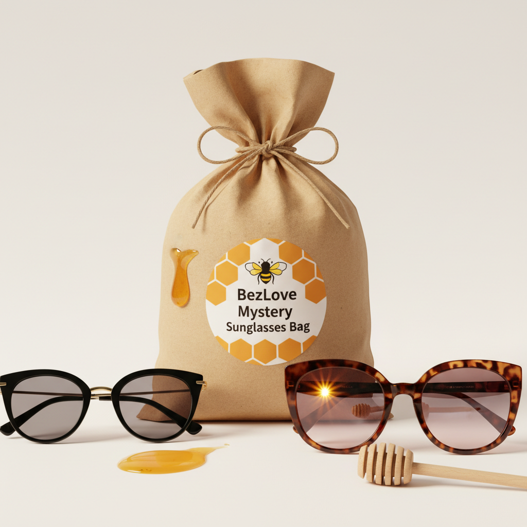 BeezLove Mystery Sunglasses Bag, budget-friendly boutique aesthetic, kraft paper gift bag with bee-themed sticker, surrounded by 1–2 pairs of stylish sunglasses (cat-eye, round, oversized), warm golden lighting, honey-tone accents, soft shadows, clean white background, fun and affordable mystery vibe, professional e-commerce product photo.

